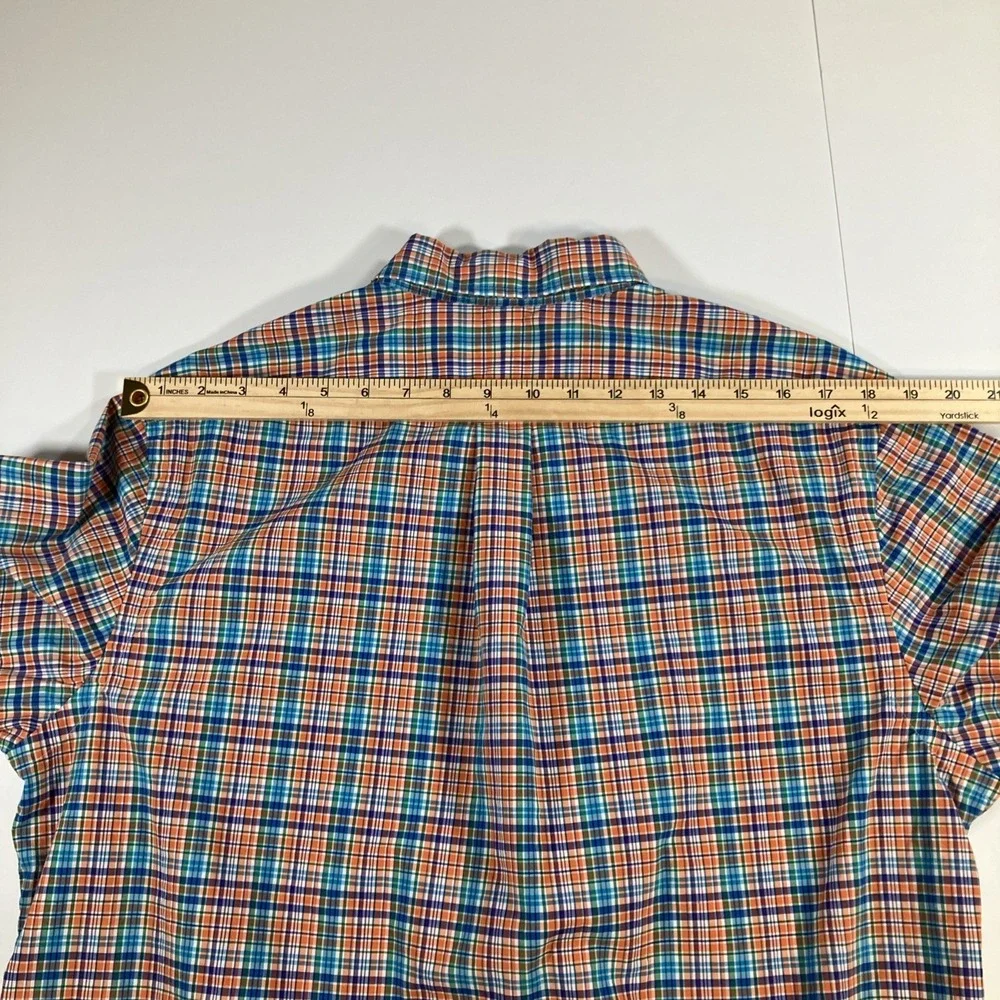 Polo Ralph Lauren Shirt Mens L Orange Blue Plaid Button Down Cotton Stretch Pony